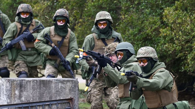 Ukrainians being trained by British and Lithuanian soldiers in the UK in February 2023