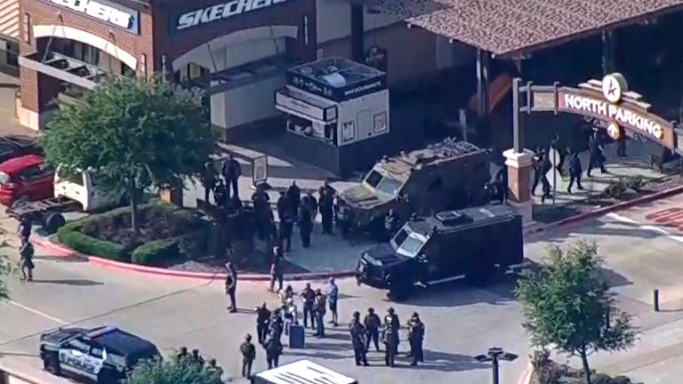 Police respond to a shooting in the Dallas area's Allen Premium Outlets, which authorities said has left multiple people injured in Allen, Texas, U.S. May 6, 2023 in a still image from video. ABC Affiliate WFAA via REUTERS NO RESALES. NO ARCHIVES. MANDATORY CREDIT