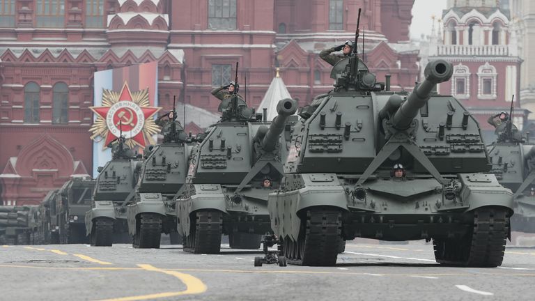 Russian servicemen drive MSTA-S self-propelled howitzers during the Victory Day parade, which marks the anniversary of the victory over Nazi Germany in World War Two, in Red Square in central Moscow, Russia May 9, 2019. REUTERS/Shamil Zhumatov