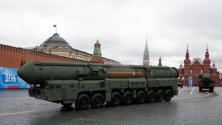Russian Yars intercontinental ballistic missile systems drive along Red Square during a military parade on Victory Day, which marks the 76th anniversary of the victory over Nazi Germany in World War Two, in central Moscow, Russia May 9, 2021. REUTERS/Maxim Shemetov