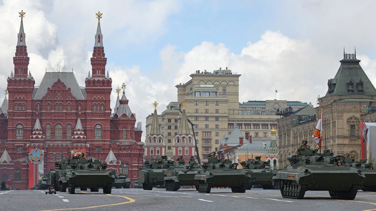 Russian BMP-2M, BMP-3 and BMP Kurganets infantry fighting vehicles drive in Red Square during a parade on Victory Day, which marks the 77th anniversary of the victory over Nazi Germany in World War Two, in central Moscow, Russia May 9, 2022. REUTERS/Evgenia Novozhenina