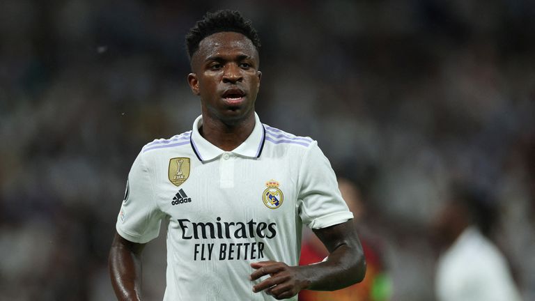 Real Madrid star Vinicius Jr pictured at the first leg of the Champion&#39;s League semi final against Manchester City in Madrid on 9 May 