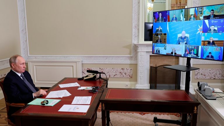 President Vladimir Putin attends a cabinet meeting via videolink in Moscow. Pic: AP