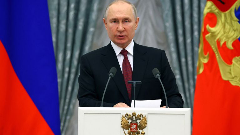 Russian President Vladimir Putin attends a ceremony to present state decorations for achievements at the Kremlin in Moscow, Russia