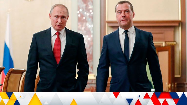 Vladimir Putin, left, and Dmitry Medvedev in 2020. Pic: AP