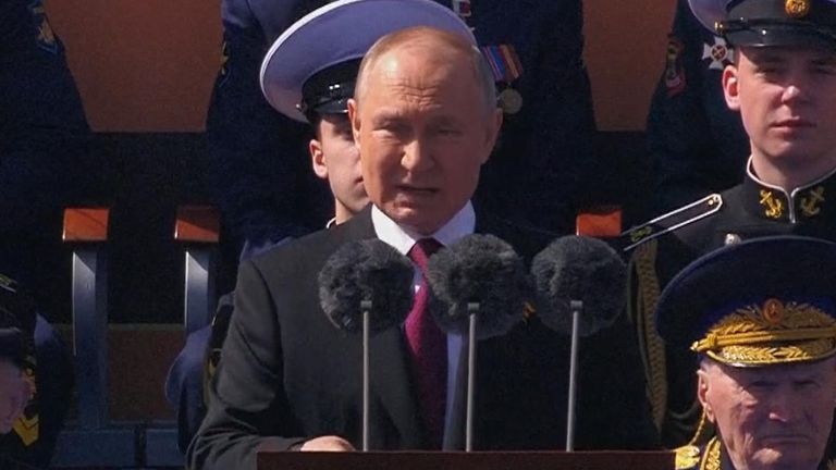 Vladimir Putin speaks during the Victory Day parade in Russia