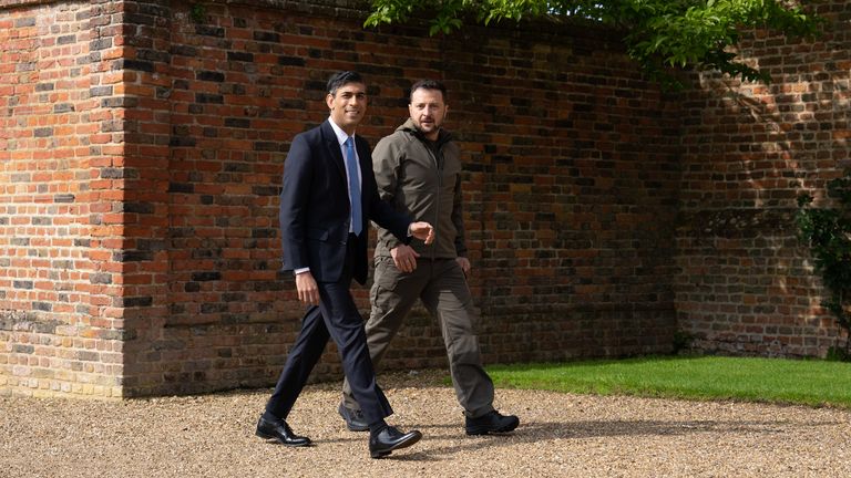 Prime Minister Rishi Sunak meeting Ukrainian President Volodymyr Zelenskyy at Chequers, the country house of the serving Prime Minister of the United Kingdom, in Buckinghamshire. Picture date: Monday May 15, 2023.