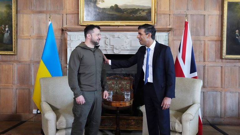 Prime Minister Rishi Sunak meeting Ukrainian President Volodymyr Zelenskyy at Chequers, the country house of the serving Prime Minister of the United Kingdom, in Buckinghamshire. Picture date: Monday May 15, 2023. PA Photo. See PA story POLITICS Ukraine. Photo credit should read: Carl Court/PA Wire 