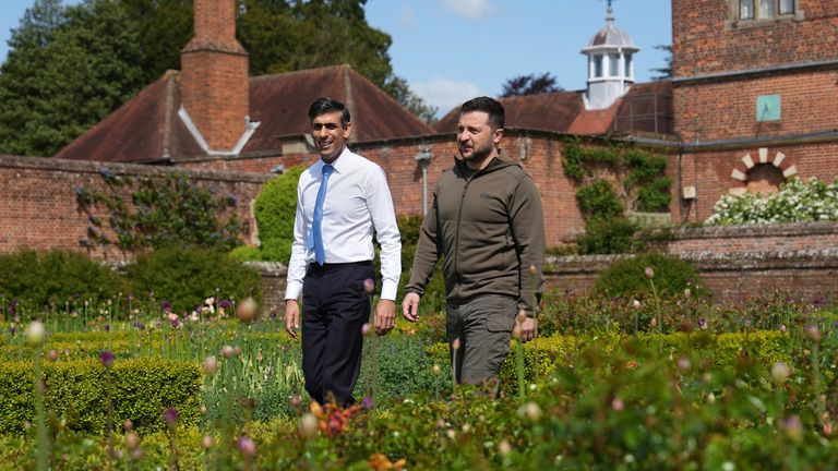 Prime Minister Rishi Sunak meeting Ukrainian President Volodymyr Zelenskyy at Chequers, the country house of the serving Prime Minister of the United Kingdom, in Buckinghamshire. Picture date: Monday May 15, 2023. PA Photo. See PA story POLITICS Ukraine. Photo credit should read: Carl Court/PA Wire 