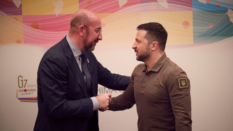 President Volodymyr Zelenskyj with Charles Michel (President of the Council of European Oaks) on May 20th, 2023 in Hiroshima, participation in the G7 summit.  Photo by: Presidential Office of Ukraine via AP Images