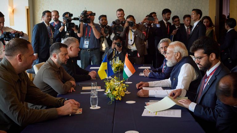 President Volodymyr Zelenskyj with Narendra Damodardas Modi (Prime Minister of India) on May 20, 2023 in Hiroshima, participation in the G7 summit. Pic: Presidential Office of Ukraine via AP



