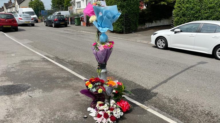 Tributes left at the scene of a crash in Ely, Cardiff