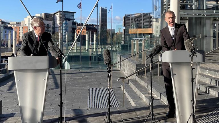 First Minister of Wales, Mark Drakeford (left) and Plaid Cymru leader Adam Price at the Senedd, Cardiff, after announcing their co-operation deal. Picture date: Monday November 22, 2021