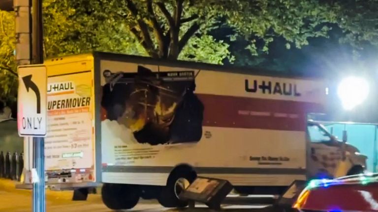 A box truck crashes into security barriers on Lafayette Square adjacent to the White House grounds in Washington 
Pic;Chris Zaboji/Reuters