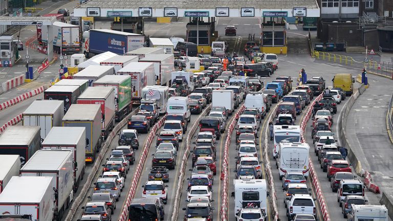 Traffic queues for ferries at the Port of Dover in Kent as the getaway for half term and the bank holiday weekend 