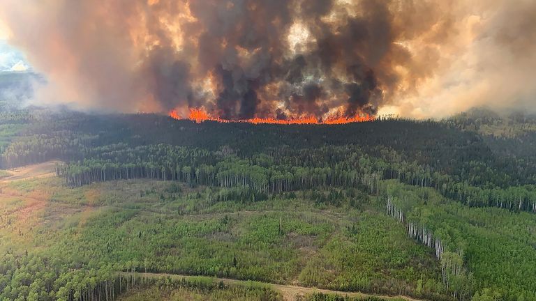 The Bald Mountain Wildfire burns in the Grande Prairie Forest Area on Friday, May 12, 2023 this handout image provided by the Government of Alberta. Pic: AP
