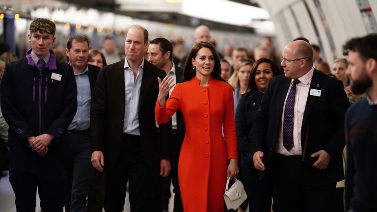 Britain&#39;s Prince William and Kate, Princess of Wales travel on London Underground&#39;s Elizabeth Line in central London, Thursday, May 4, 2023. Pic: AP