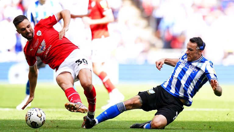 Barnsley&#39;s Adam Phillips was sent off for this foul on Sheffield Wednesday&#39;s Lee Gregory
