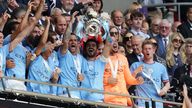 Manchester City&#39;s Ilkay Gundogan celebrates with his team mates as he lifts the FA Cup following the Emirates FA Cup final at Wembley Stadium, London. Picture date: Saturday June 3, 2023.