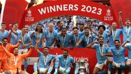 Manchester City players celebrate with the Emirates FA Cup trophy following the Emirates FA Cup final at Wembley Stadium, London. Picture date: Saturday June 3, 2023. PA Photo. See PA Story SOCCER Final. Photo credit should read: Nick Potts/PA Wire...RESTRICTIONS: EDITORIAL USE ONLY No use with unauthorised audio, video, data, fixture lists, club/league logos or "live" services. Online in-match use limited to 120 images, no video emulation. No use in betting, games or single club/league/player publications.