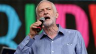 Labour leader Jeremy Corbyn speaks to the crowd from the Pyramid stage at Glastonbury Festival, at Worthy Farm in Somerset. PRESS ASSOCIATION Photo. Picture date: Saturday June 24, 2017. See PA story SHOWBIZ Glastonbury. Photo credit should read: Yui Mok/PA Wire