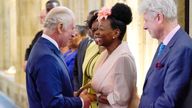 King Charles III speaks with Baroness Dame Floella Benjamin, following a service at St George&#39;s Chapel, Windsor Castle in Berkshire for young people, to recognise and celebrate the Windrush 75th Anniversary. Picture date: Thursday June 22, 2023. PA Photo. See PA story ANNIVERSARY Windrush. Photo credit should read: Andrew Matthews/PA Wire