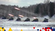 FILE - In this photo taken from video and released by the Russian Defense Ministry Press Service on Friday, Feb. 4, 2022, multiple rocket launchers fire during Belarusian and Russian joint military drills at Brestsky firing range in Belarus. Belarus President Alexander Lukashenko has welcomed thousands of Russian troops to his country, allowed the Kremlin to use it to launch the invasion of Ukraine on Feb. 24, 2022, and offered to station some of Moscow...s tactical nuclear weapons there. But he