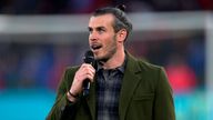 Former Wales player Gareth Bale makes a speech on the pitch ahead of the UEFA Euro 2024 qualifying group D match at the Cardiff City Stadium, Cardiff. Picture date: Tuesday March 28, 2023.