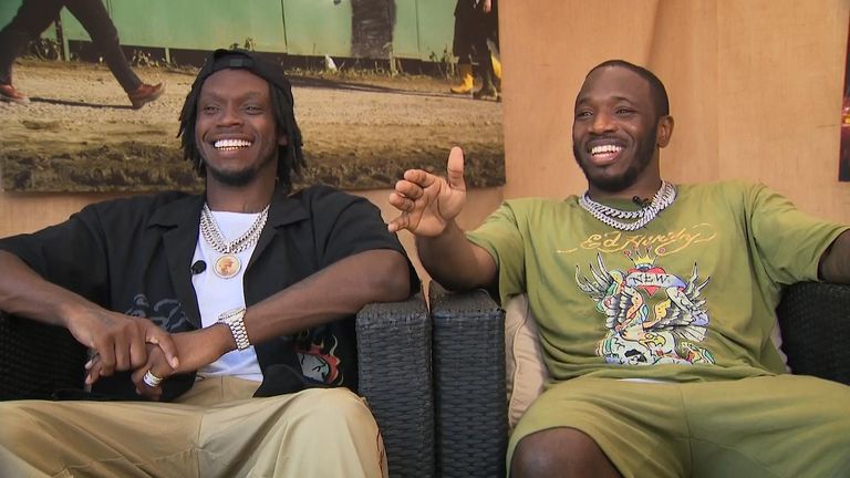 British hip hop artists Krept & Konan laugh about their dislike of insects at Glastonbury in an interview with Sky. 