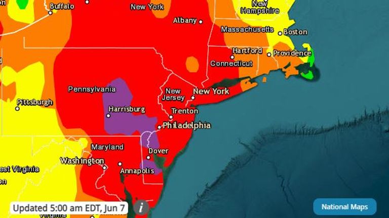 Much of the northeastern US is suffering with poor air quality. Pic: airnow.gov