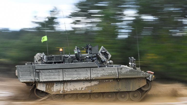 An Ajax Ares armoured vehicle seen at Bovington Camp in February 