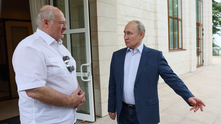 Russian President Vladimir Putin and Belarusian President Alexander Lukashenko speak during a meeting at the Bocharov Ruchei residence in Sochi, Russia June 9, 2023. Sputnik/Gavriil Grigorov/Kremlin via REUTERS ATTENTION EDITORS - THIS IMAGE WAS PROVIDED BY A THIRD PARTY.
