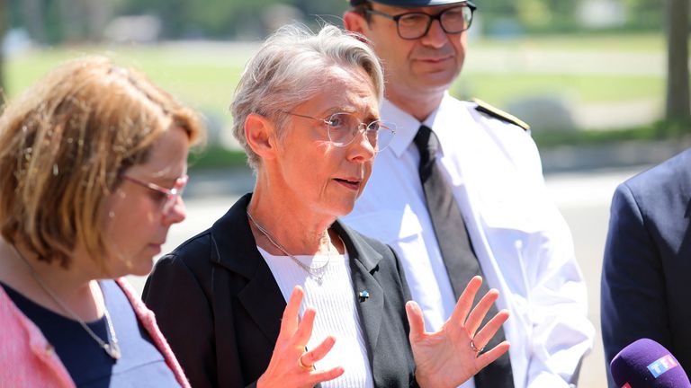 Annecy prosecutor Line Bonnet-Mathis and French Prime Minister Elisabeth Borne talk to journalists after several children and an adult have been injured in a knife attack at the Le Paquier park in Annecy, in the French Alps, France, June 8, 2023. REUTERS/Denis Balibouse