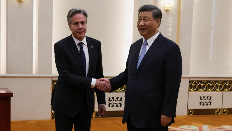 U.S. Secretary of State Antony Blinken shakes hands with Chinese President Xi Jinping in the Great Hall of the People in Beijing, China, June 19, 2023. REUTERS/Leah Millis/Pool