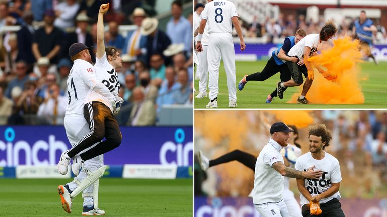 Cricket - Ashes - Second Test - England v Australia - Lord&#39;s Cricket Ground, London, Britain - June 28, 2023.England&#39;s Jonny Bairstow carries a just stop oil protester off the field Action Images via Reuters/Matthew Childs