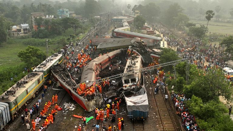 A drone shot of rescuers work at the site of passenger trains accident, in Balasore district, in the eastern Indian state of Orissa, Saturday, June 3, 2023. Pic: AP