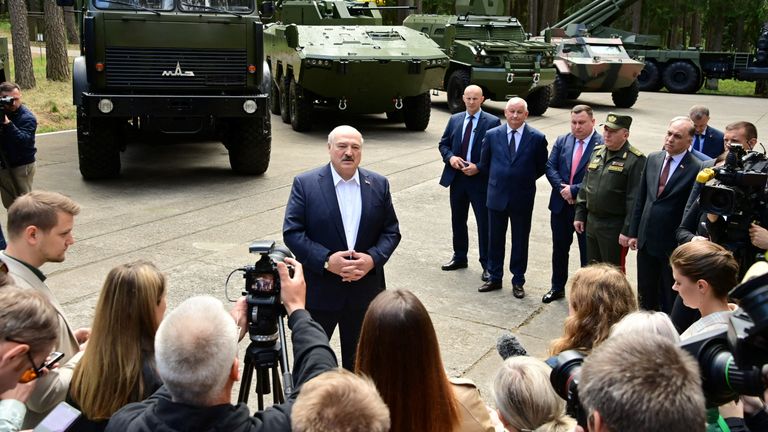 Belarusian President Alexander Lukashenko speaks to journalists during his visit to a military-industrial complex facility in the Minsk Region, Belarus June 13, 2023. Press Service of the President of the Republic of Belarus/Handout via REUTERS ATTENTION EDITORS - THIS IMAGE WAS PROVIDED BY A THIRD PARTY. MANDATORY CREDIT.
