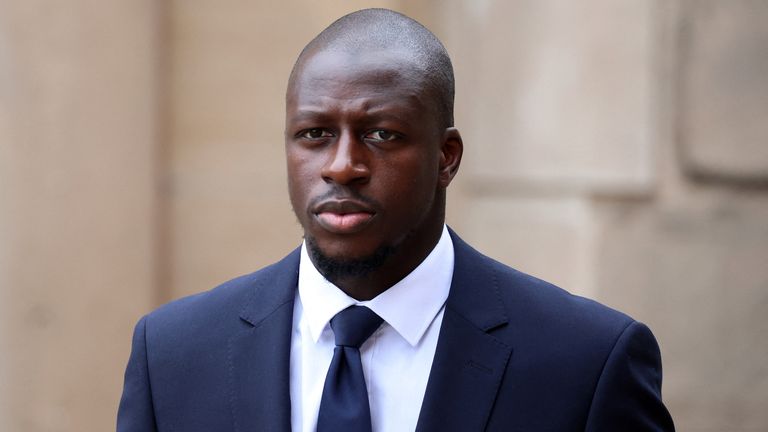 Manchester City&#39;s Benjamin Mendy arrives at Chester Crown Court for his trial following allegations of rape and sexual assault