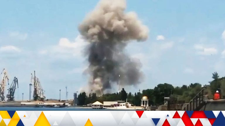 A view of an explosion in Berdyansk, Russian-controlled Ukraine 
