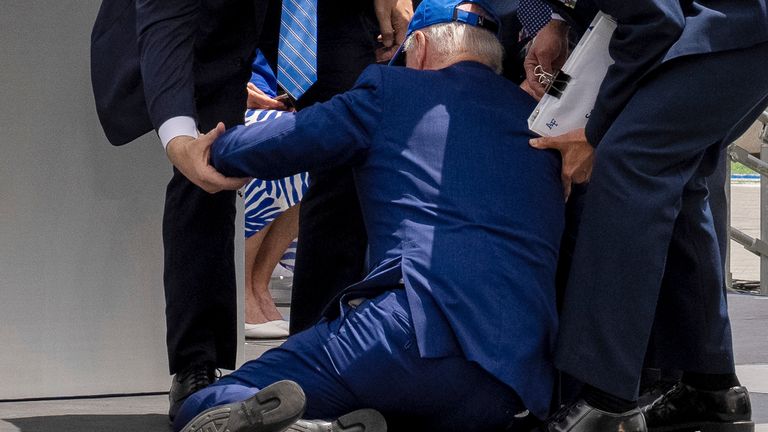 oe Biden falls on stage at Falcon Stadium in Colorado Springs, Colorado. Pic: AP