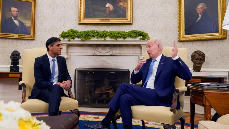Britain&#39;s Prime Minister Rishi Sunak, left, and US President Joe Biden, right, talk during their bilateral meeting at the White House, Washington, Thursday, June 8, 2023. (Niall Carson/Pool Photo via AP)