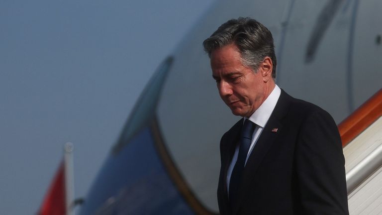 U.S. Secretary of State Antony Blinken arrives in Bejing, China, June 18, 2023. REUTERS/Leah Millis/Pool
