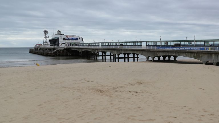 An empty beach and pier at Bournemouth in Dorset on Easter Monday bank holiday. Picture date: Monday April 5, 2021.