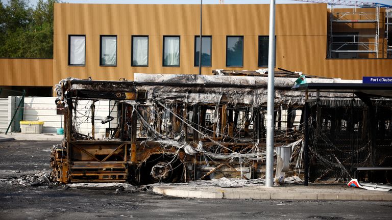 View of a burnt bus at a RATP bus depot damaged during night clashes between protesters and police, following the death of Nahel, a 17-year-old teenager killed by a French police officer in Nanterre during a traffic stop, in Aubervilliers, near Paris, France, June 30, 2023. REUTERS/Sarah Meyssonnier
