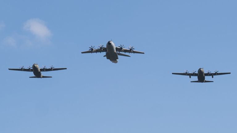 C-130J Hercules and A400M Atlas taking part in a rehearsal for the official coronation flypast in May