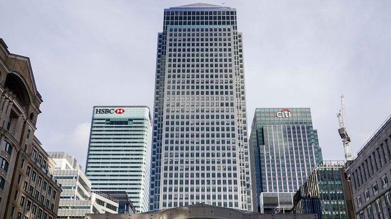 The HSBC HQ is shown at London&#39;s Canary Wharf. Pic: AP