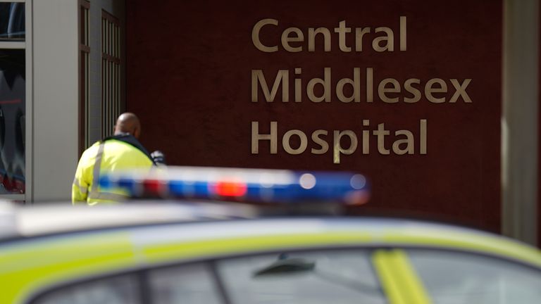 Police at Central Middlesex Hospital in north-west London after two people were stabbed
