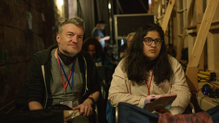Writers Charlie Brooker and Bisha K Ali on the set of Black Mirror. Pic: Netflix