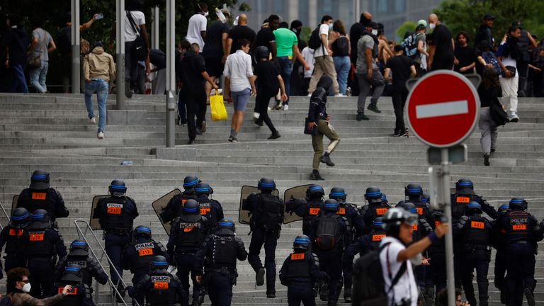 French riot police react amid clashes with protesters during a march in tribute to Nahel, a 17-year-old teenager killed by a French police officer during a traffic stop, in Nanterre, Paris suburb, France, June 29, 2023. REUTERS/Sarah Meyssonnier
