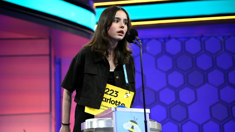Charlotte Walsh, 14, from Arlington, Va., competes during the Scripps National Spelling Bee finals. Pic: AP
